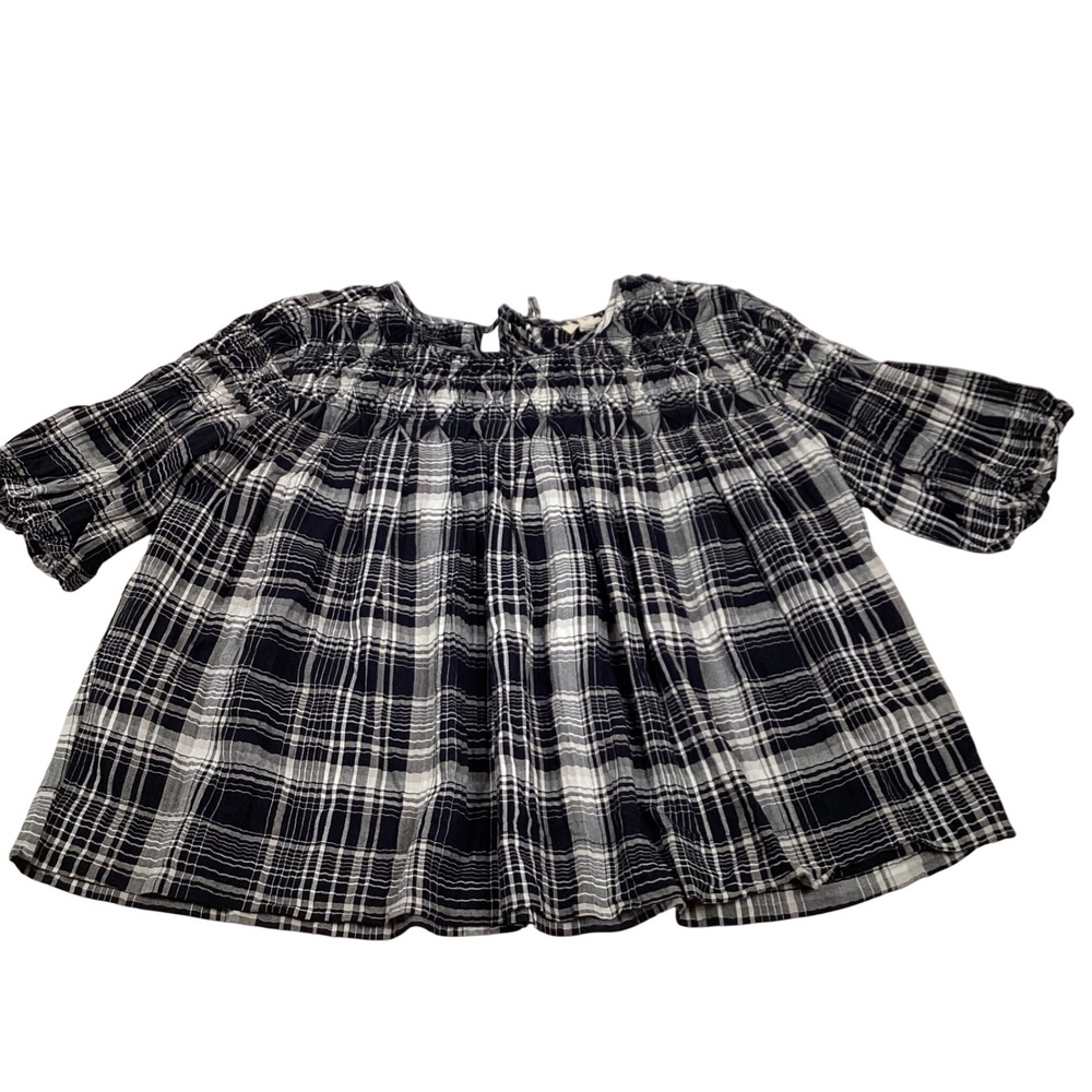 PILCRO Women's Black White Plaid Smocked Gingham Bardot Babydoll Tunic Top S